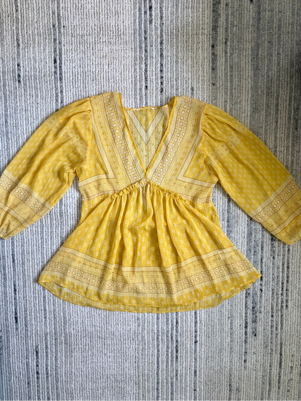Rose + Olive Yellow V-Neck Boho Peasant Top Size M